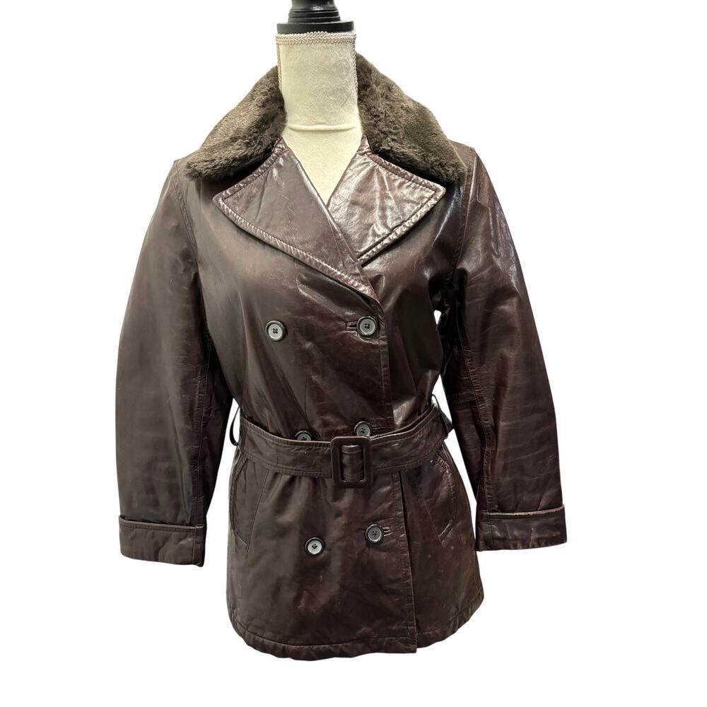 Andrew Marc Brown Leather Belted Coat Size S